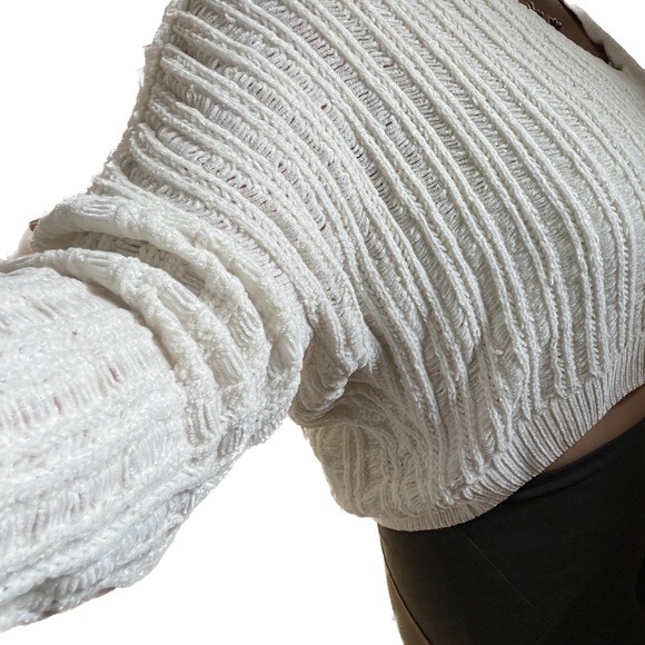 Oversized Cropped Ivory Crochet Knit Sweater Plush Top Off Shoulder Kawaii Comfy - Picture 4 of 9